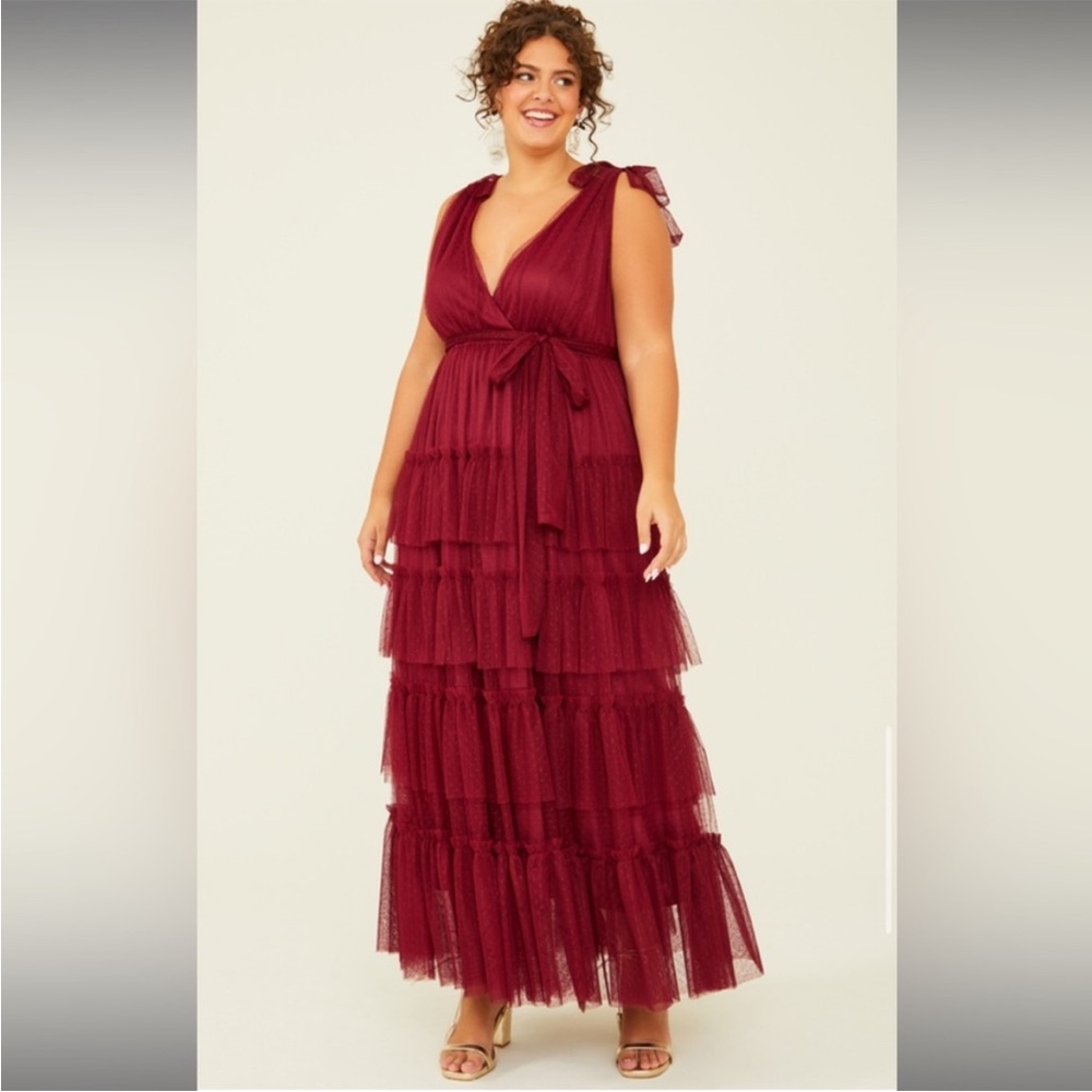 ARULA Burgundy Tiered Tulle Maxi Dress with Tie Waist
